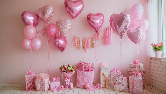 Pink party decor with balloons and gifts