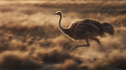 Ostrich in Motion: An ostrich, the world's largest flightless bird, races across a dry, sun-drenched landscape, its powerful legs propelling it forward in a blur of speed and determination.
