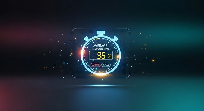 Response time metric concept. A simple holographic timer displays the average response time for customer support tickets, symbolizing efficiency.