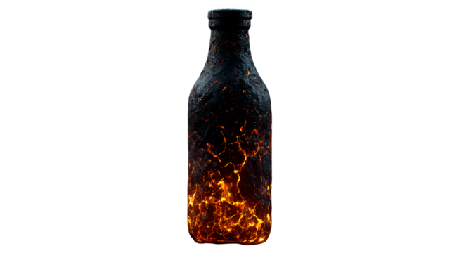 Textured obsidian black bottle with glowing magma cracks, floating volcanic pumice particles, smoldering mountain backdrop, ultra-realistic 8K detail --ar 16:9 --no people --v 7.0 --s 250 --raw