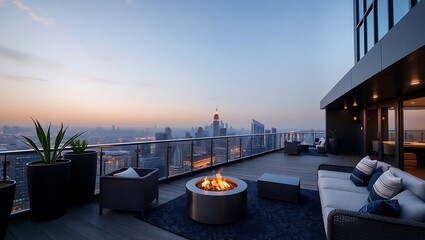 Fototapeta premium Contemporary luxury terrace with navy and silver color palette, overlooking city skyline