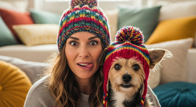 Woman and dog wear matching knitted hats indoors. A cheerful and humorous shot of companionship.  Whimsical moment, pet owner, winter fashion. - Powered by Adobe