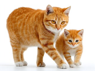 Obraz premium A beautiful orange tabby cat protectively walks alongside its adorable kitten on a bright white background.
