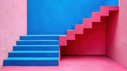 Pink and blue stairs converging, creating abstract color block architecture