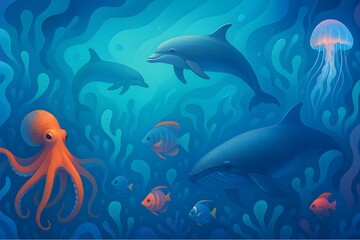 Ocean Illustration with Octopus, Jellyfish, and Tropical Marine Life