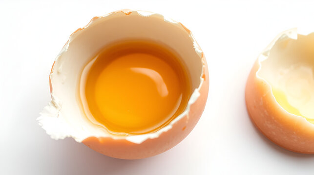 Cracked egg with yolk isolated on white background