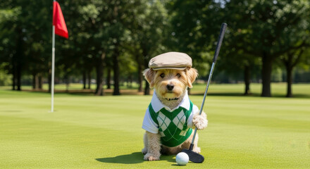 Dog golfer on the green with a golf club and ball. A humorous portrait of a pet enjoying the sport. Recreation, animal antics, cute canine.