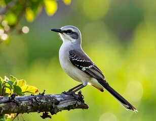 Obraz premium Gray bird perches on a branch, bathed in soft sunlight