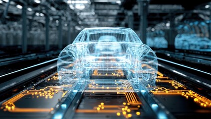 Futuristic car design in a production facility.  A transparent car model on a conveyor belt