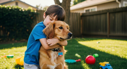 Young boy hugging his dog in the backyard of a house. An emotional portrayal of friendship and connection. Childhood innocence, unconditional love, pet ownership.