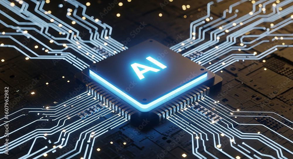 Poster Futuristic 3D Render of a Glowing Artificial Intelligence Microchip on a Circuit Board, Symbolizing Advanced Technology and Neural Networks
