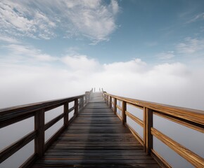 Wooden pier extending into a hazy sky