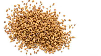Ajwain seeds, also known as carom seeds or ajowan, heap on white background. Indian spice Trachyspermum ammi in top view. Dry spice, healthy organic ingredient for cooking and flavoring.