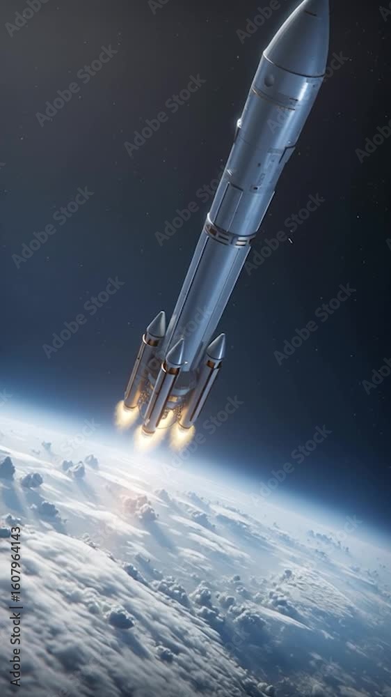 Wall mural vertical video rocket in space with earth background. view from space. the rocket flies and rotates.
