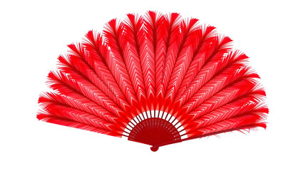 Ornate red feather fan spread, cut out - stock png.