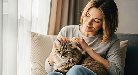 Woman petting cat on couch indoors by window. A loving scene with a beautiful, bright mood. Pet ownership, cozy home, domestic bliss.