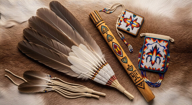 Native American Cultural Artifacts on Fur Background for Indigenous Peoples&rsquo; Day