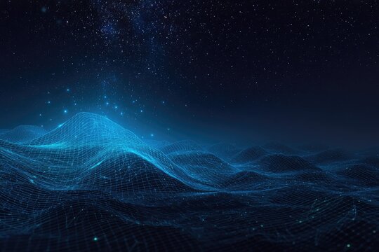 Abstract digital landscape at night.  Stars, digital mesh