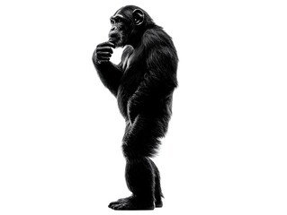 Fototapeta premium An ape in profile contemplates something with its hand under its chin against a white background.