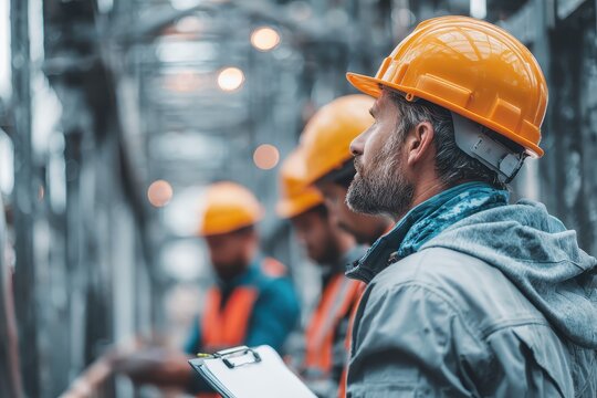 Workers wearing helmets stand at construction site to oversee project. It showcases leadership, teamwork, and importance of safety at work.