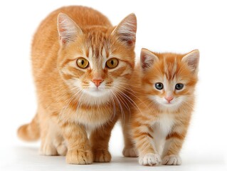 Fototapeta premium A ginger cat and kitten stand side by side gazing intently toward the camera on a bright white backdrop.