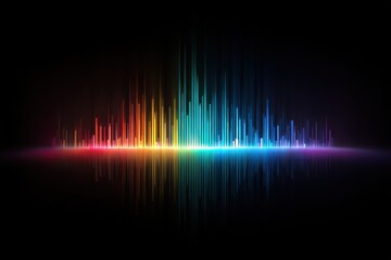 Colorful equalizer bars glow against a black background with sleek reflections. It's suitable for music, technology, sound design or futuristic presentations.
