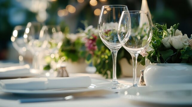 Close up of a wedding table setting with wine glasses plates and floral arrangements in soft focus