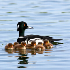 Common goldeneye mother with chicks beside a Swedish lake