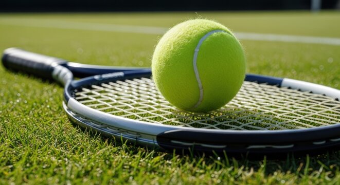 Tennis ball on racket lying on green grass, bright sunny day