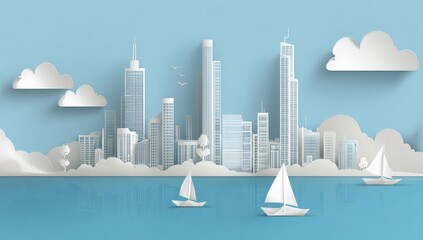 Fototapeta premium Paper cut cityscape, calm waters