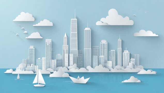 Cityscape of white paper cutouts