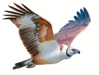 A beautiful watercolor painting of a white bellied sea eagle soars with outstretched wings against white backdrop.