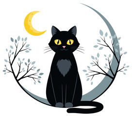 Black Cat Sitting on a Crescent Moon