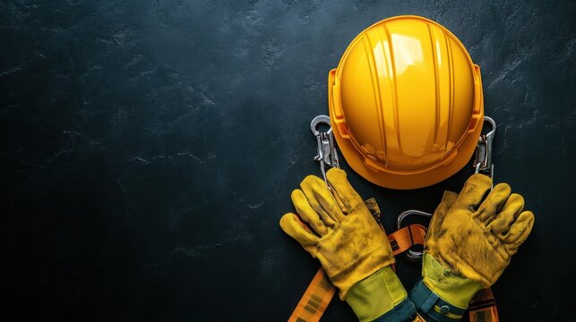 Overhead view of safety gear including a hard hat gloves and harness on a dark background