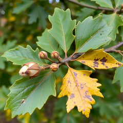 Quercus robur - the pedunculate oak or English oak, winter buds on a branch in autumn, old leaves damaged by aphids