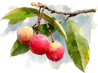 Artistic watercolor painting shows a branch with vibrant red lychee fruits and fresh green leaves detail.