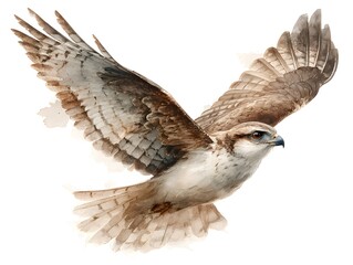 Obraz premium A beautiful watercolor painting of a hawk with its wings spread gracefully against a white background artfully.
