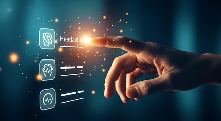 Symptom tracking concept. A hand touches a "headache" icon on a simple list to log a symptom in a digital health diary.