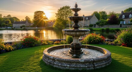 Tiered stone fountain in idyllic garden with lake, village, & sunset backdrop