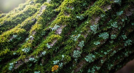 Tree trunk close-up with lush green moss and lichen covering the bark