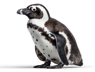 Obraz premium A single magellanic penguin stands facing left with a white background in clear studio lighting conditions.
