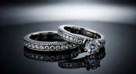 Two diamond rings sparkle on a glossy surface