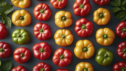 Vibrant peppers red, yellow, green spread evenly across a neutral surface