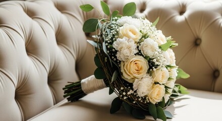 Wedding bouquet of cream roses & baby's breath on elegant tufted sofa