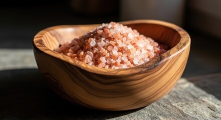 Wood bowl filled with pink Himalayan salt on rustic surface, close-up
