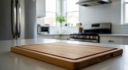 Wooden cutting board on a white countertop in a bright kitchen