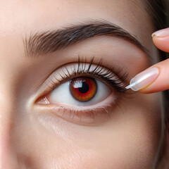 Close up of a woman applying eyedrops on red infected eye with conjunctivitis at home