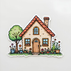 Hand drawn crayon illustration of home cartoon for decoration, house, nature, garden, plants, tree, sticker, spring, summer, cute patch, brooch, spring, summer, backyard, childhood, tattoo