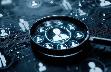 Magnifying glass focusing on digital human profiles on a circuit board