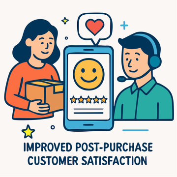 Smiling customer and support agent interacting on a phone, showcasing improved post-purchase satisfaction.